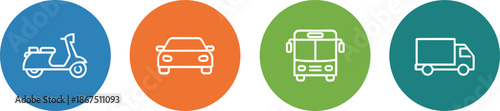 Transportation line icon set featuring scooter car bus and delivery truck silhouettes for travel logistics and navigation branding.