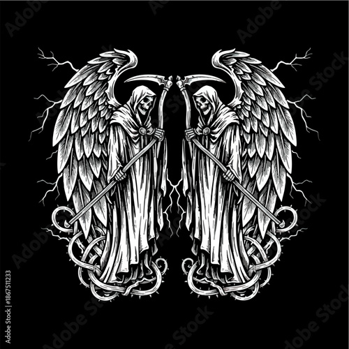 Two Winged Grim Reapers Holding Scythes Dark Gothic Illustration