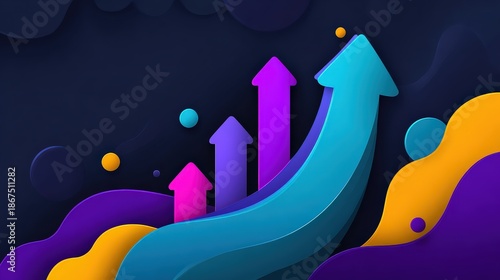A vibrant, abstract design featuring upward arrows in shades of blue, pink, and yellow against a dark background, symbolizing growth and progress.