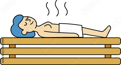 Wellness illustration featuring a woman relaxing in a wooden sauna with steam for spa health and self-care branding.