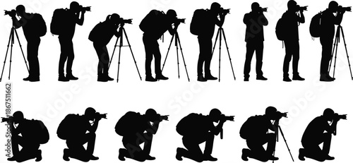 Silhouettes of photographers with cameras and tripods in standing and kneeling poses, capturing outdoor photography angles, creative stances, perspectives
