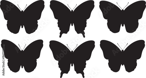 Six black butterfly silhouettes with whisk-like antennae on white background 1
