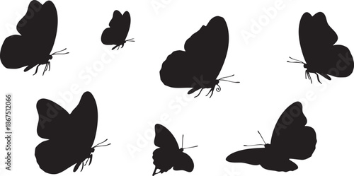 Six black butterfly silhouettes with visible antennae and legs on a white background