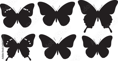 Six black butterfly silhouettes with white spots and drips on white background