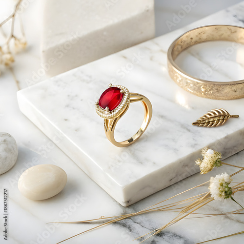 Ruby Gold Ring on Marble Surface – Elegant Luxury Jewelry