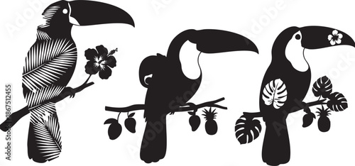 Three black and white toucan silhouettes with tropical foliage and flowers on a branch bird 2