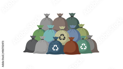 A collection of colorful garbage bags, some marked with recycling symbols, piled together, representing waste sorting and environmental responsibility.