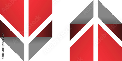 Modern abstract design featuring opposing red and gray geometric arrow shapes