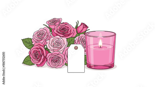 A bouquet of pink roses, a lit pink candle in a glass holder, and a blank tag, creating a serene and contemplative scene for sympathy or spa themes.
