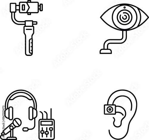 Advanced audiovisual technology icon set featuring camera gimbal surveillance eye headset and earpiece silhouettes for professional media branding.