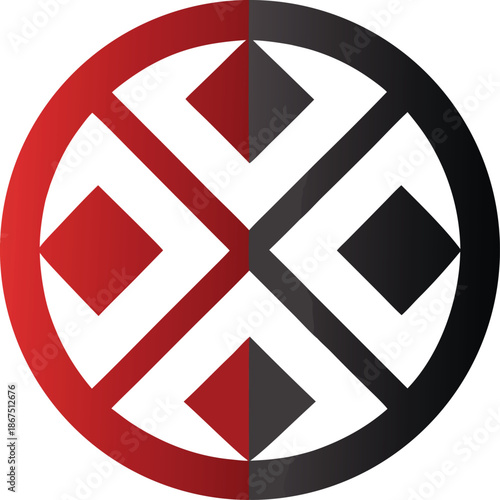 Abstract geometric circular emblem with contrasting red and black halves and diamond shapes