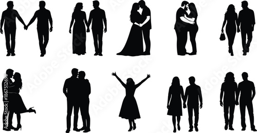 Silhouettes of couples in romantic and expressive poses, embracing, holding hands, kissing, celebrating love, relationship emotions, and human connection