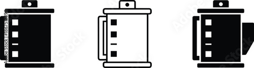 Analog film canister icon set featuring 35mm photography roll silhouettes in black and outline styles for media branding.