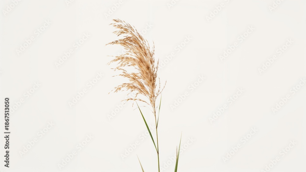 Fototapeta premium A single stalk of grass with feathery seed heads on a plain background. Minimalist plant photography. Nature and botanical image.