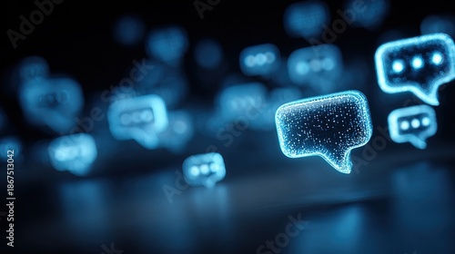 Futuristic Digital Rendering of Glowing Bubble Chat Icon with Depth of Field
