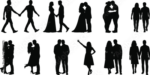 Silhouettes of couples in romantic and affectionate poses, hugging, kissing, holding hands, walking together, celebrating love and companionship