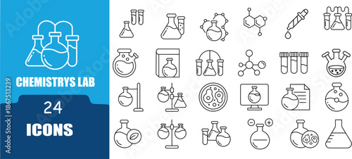Chemistry Lab Line Icons set .Research Tools, Experiments  ,Lab Report,Chemical Bottles,Chemist, Microscope, and more. Outline Icon Collection. 