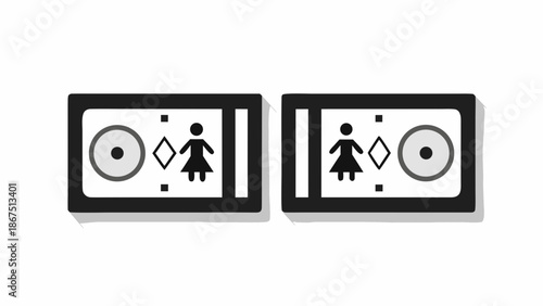 Black and white illustration of two identical signs with female and gear symbols on a plain background