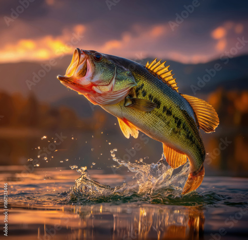 Largemouth Bass Jumping Out of Water with Splash at Golden Hour Sunset created with Generative AI Technology, ai, generative