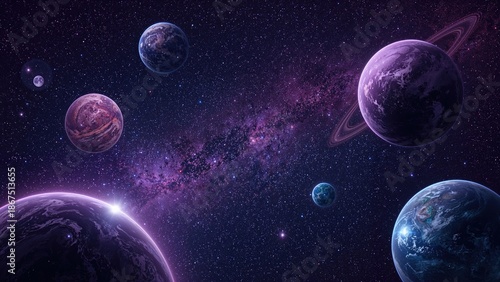 Multiple planets and stars in outer space with cosmic nebula and galaxy background.