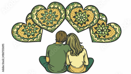 Loving couple sitting together with decorative heart shapes above them in green and yellow colors on white