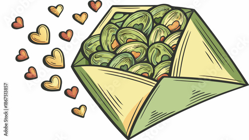 A green envelope overflowing with green wrapped candies and hearts spilling out with valentine