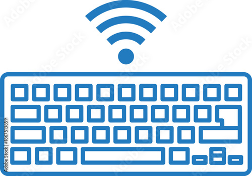 Blue linear computer keyboard icon with wireless signal symbol for peripheral hardware connectivity and remote work technology branding.