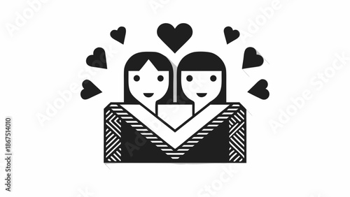 Two women heads with hearts around on white background with love and couple and emotion