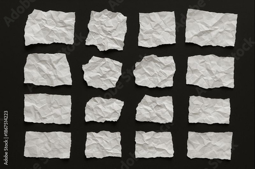 Crumpled creased white paper scrap texture set, torn wrinkled note, ripped pieces of sheet on black background	