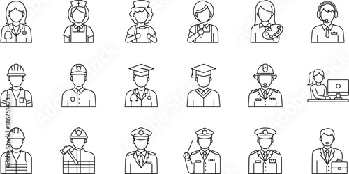 Comprehensive profession line icon set featuring diverse career avatars for recruitment job search websites and professional educational training infographics.