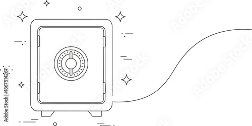 Continuous line art illustration of a bank safe with sparkle icons for financial security and wealth management branding.