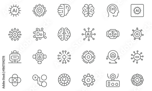 A grid displays 24 minimalist line art icons representing artificial intelligence and related technologies. The collection features symbols like human brains, circuit boards, neural networks, robots, 