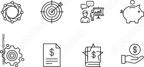 Business and financial icon set featuring savings documents networking and target symbols for corporate planning and investment branding.