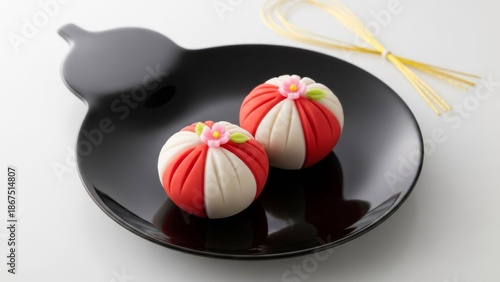Elegant Japanese Wagashi on Black Plate