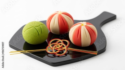 Elegant Japanese Wagashi Sweets on Black Tray