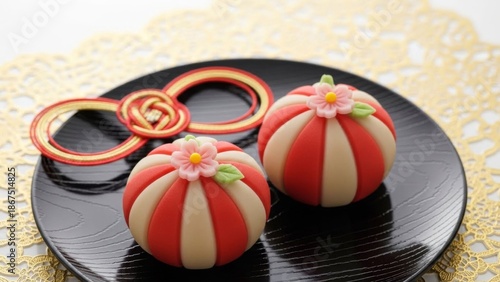Elegant Japanese Wagashi Sweets on Black Plate