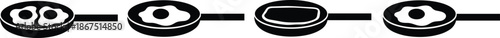 Frying pan icon set featuring various egg cooking styles in solid black silhouettes for breakfast cafe and culinary branding.