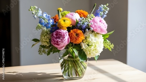 Fresh Colorful Flower Bouquet in Glass Vase with Natural Soft Daylight