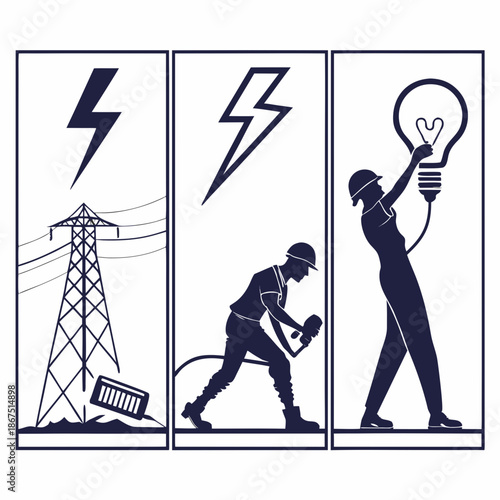 Electricity workers and power lines
