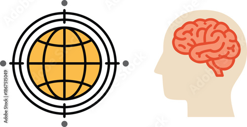 Global target and human brain icons representing international strategy psychology and cognitive research for professional and educational branding.