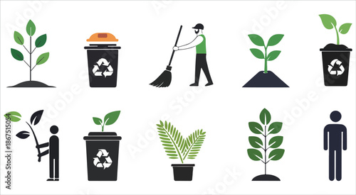  Eco Planting & Recycling Icons – Green Earth, Garden & Cleanup Vectors .