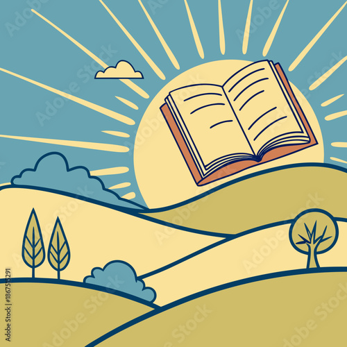 Open book in a serene landscape