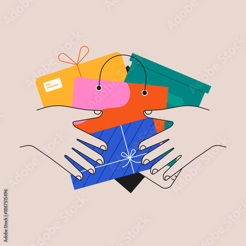 Hands holding shopping bags and wrapped gifts. Sale, discount, online shopping concept. Buying and giving presents for holidays. Isolated colorful flat vector illustration in modern style