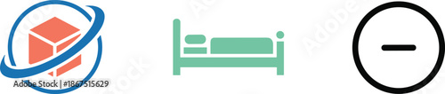 Icon set featuring a global logistics cube a hospitality bed symbol and a minus sign for digital interface navigation.