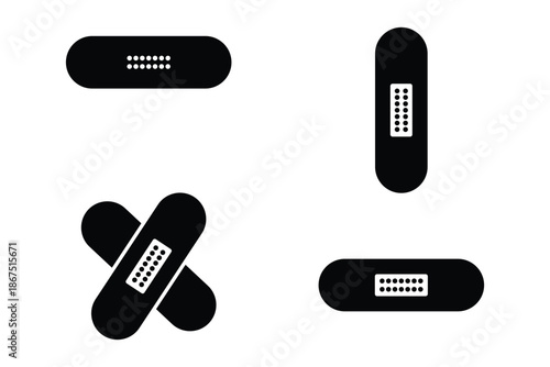 Medical Adhesive Bandage Icon Set – Black and White Outline & Glyph Style, Editable Stroke Vector Illustration