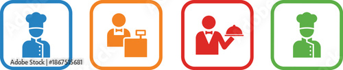 Hospitality staff icon set featuring chef cashier and server silhouettes in colorful squares for restaurant industry service branding.