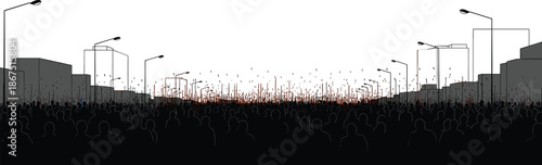 Silhouetted Crowd Demonstration in Urban Street with Raised Signs and Arms Symbolizing Social Protest and Public Activism Movement