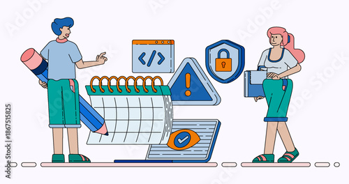 People Scheduling Maintenance and Monitoring Security Systems with Calendar Alerts Notifications and Warning Programs for Safety Protection. Design can be used for banner, website, poster, mobile apps