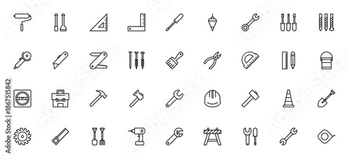 Construction tools icon set. Vector tool collection including paint roller, shovel, wrench, hammer, drill, saw, toolbox, helmet, measuring tape and more. Editable stroke.