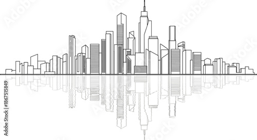Black and White City Skyline with Reflected High-Rise Buildings in Water Showing Urban Architecture and Symmetry Concept